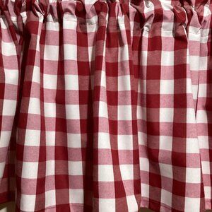 HANDMADE RED AND WHITE POLY/COTTON VALANCE, 56 X 15 INCHES